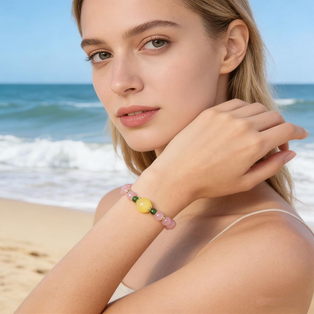 Bracciale in Quarzo Rosa e Ambra - Cristallo Rosa Naturale con Perle di Ambra autentica per Amore, Armonia ed energia Calda, Gioielli Elasticizzati per Donna