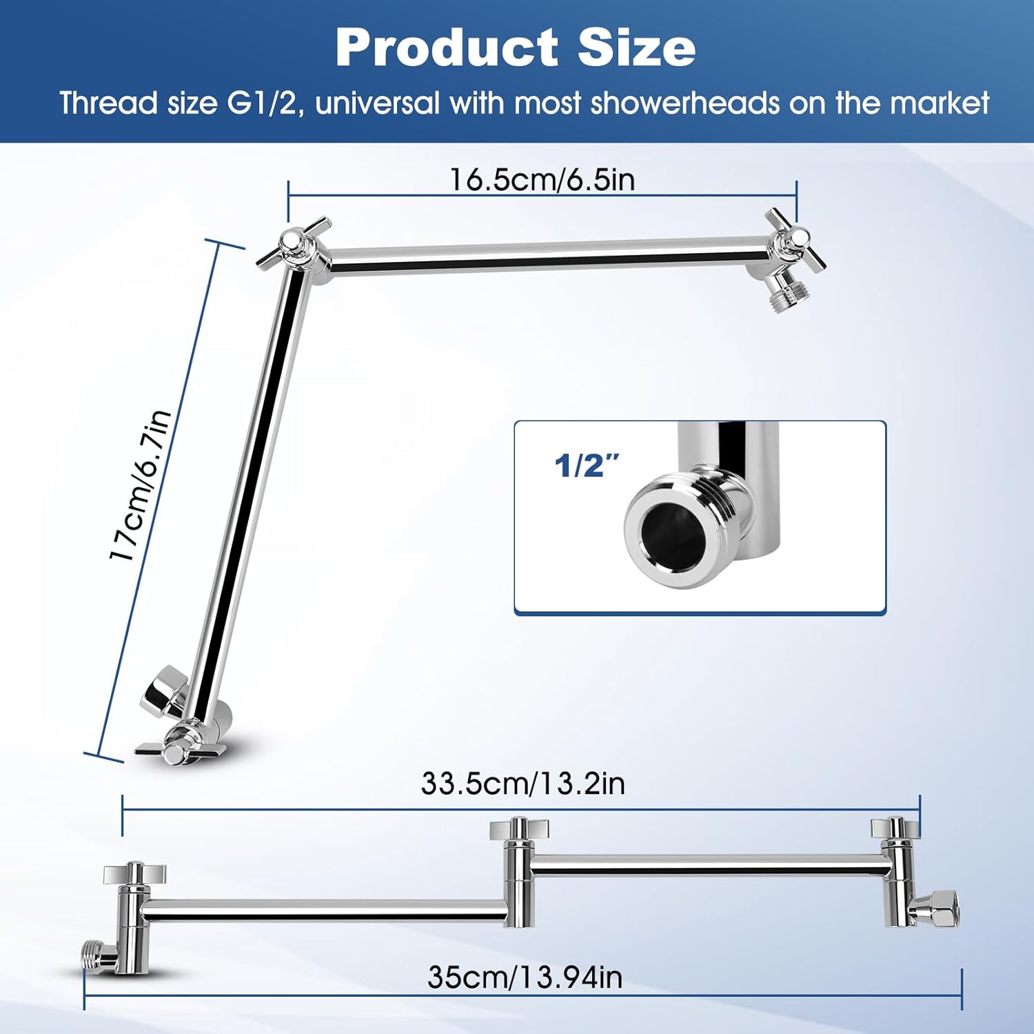 Shower Extension Arm, 18" Solid Brass Shower Shower Extender, Shower Extension Arm Shower Extender Adjustable Angle Height Adjustable for US Standard Rain Handheld Shower (Black)