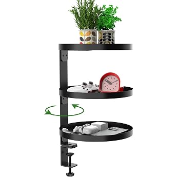 3 Levels Clamp-On Desk Shelf Attachment with Adjustable Storage Compartment 360  Rotatable Under Desk Storage No Drilling Non-Slip Desk Organiser for Home and Office