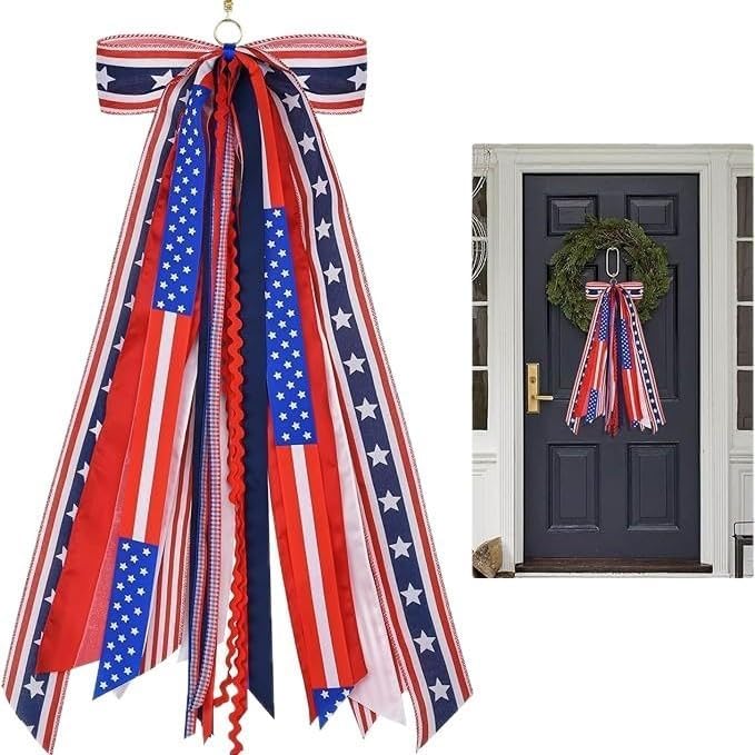 Independence Day American Flag Iron Wire Edge Cording Ribbon red Blue White Burlap Bow Decoration