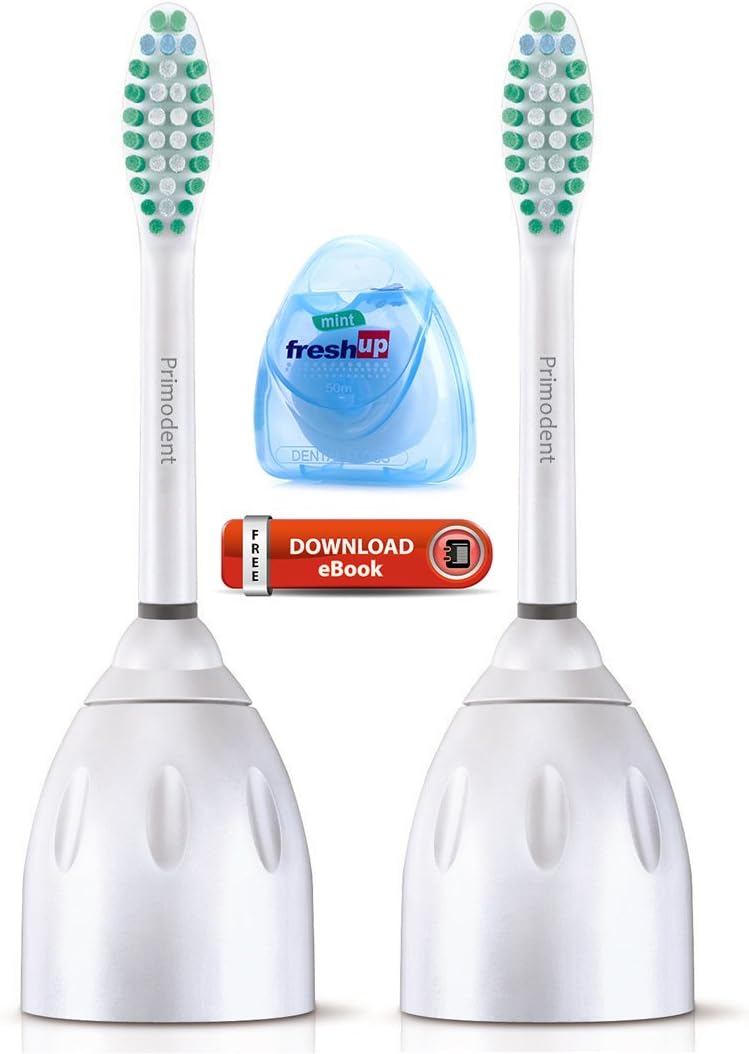 2 Pack Primodent Premium Sonicare Replacement Heads for Philips Sonicare HX7022 E-Series Standard, Advance, CleanCare, Elite, Essence, and Xtreme Brush Handles Plus FREE Floss Plus FREE E-book