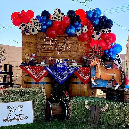 Image of Horse Racing Balloon Arch Garland Kit, Western Cowboy Party Decorations, 131PCS Red Blue Brown Cow Print Balloons for Derby Day Festival First Rodeo Farm Cow Wild Party Birthday Supplies