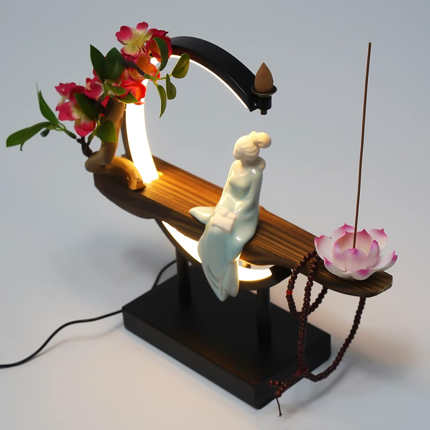 Black Backflow Incense Holder with Moon-Shaped LED Light, Ceramic Backflow Incense Burner Perfect for Relaxing or Home Decor, 12.6 * 13.8in