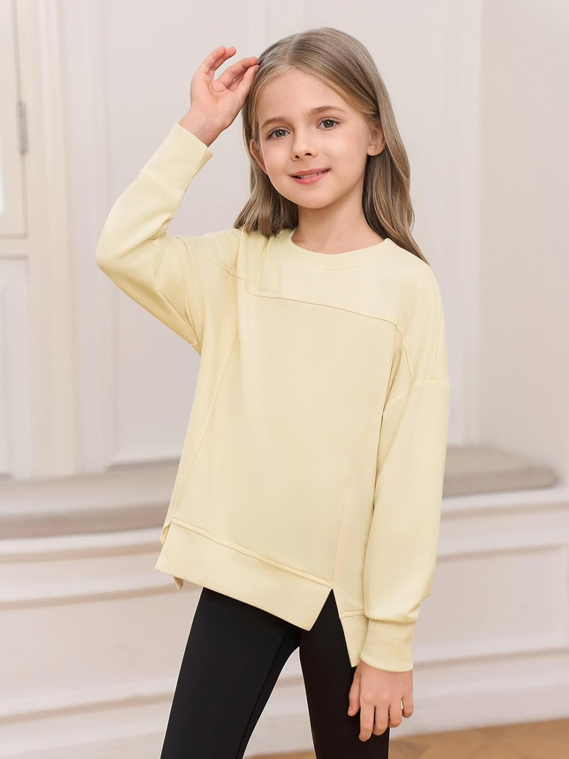 Haloumoning Girls Casual Crewneck Sweatshirt Kids Long Sleeve Side Slit Oversized Pullover Tops 5-14Y - Image 4