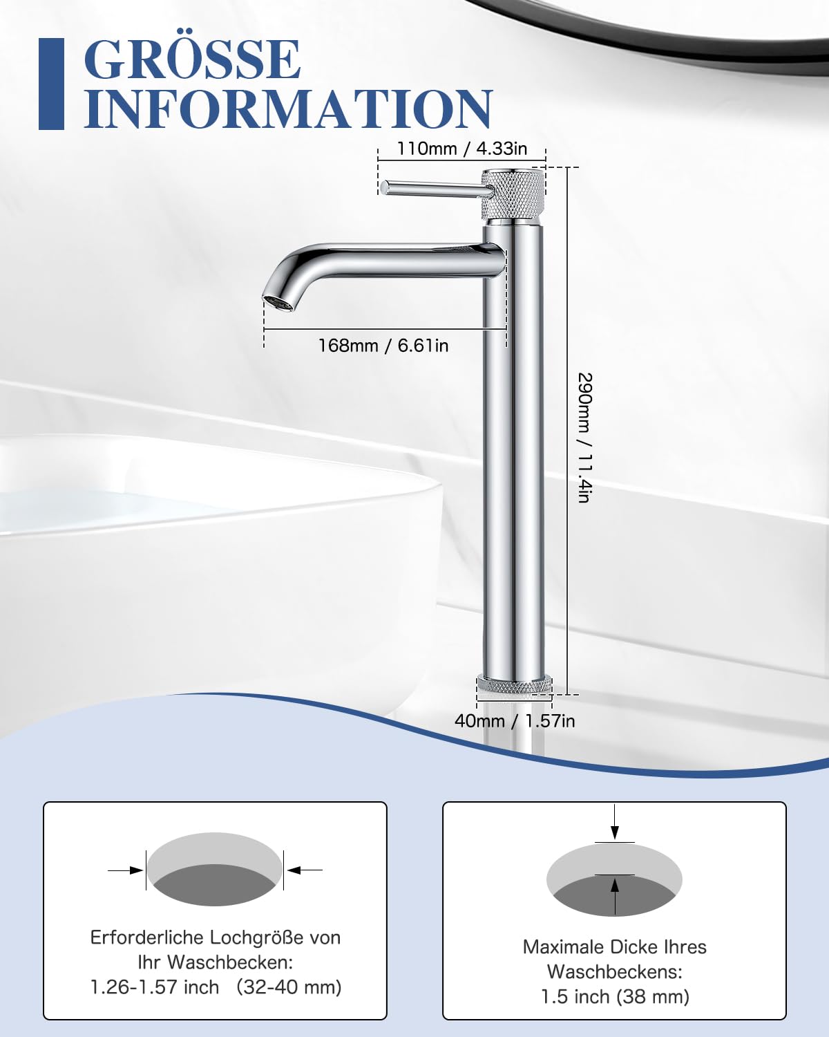 Wasserhan - Grifo monomando para lavabo (cromo, redondo, acero inoxidable, G3/8)
