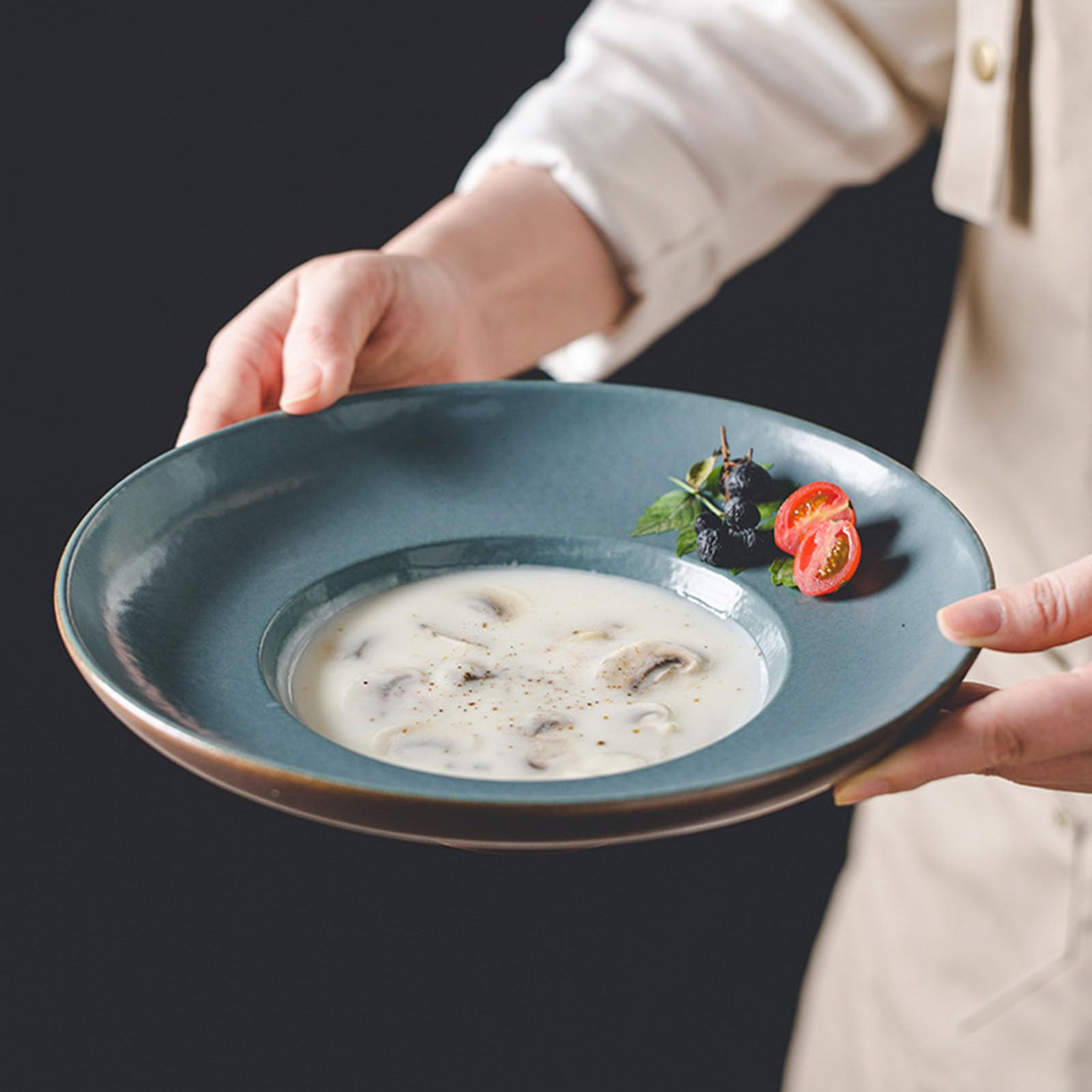 Platos De Cena De Cerámica, Plato De Porcelana Redondo Para Ensalada De Mariscos De Sopa, Vajilla Profunda Para Hotel De Restaurantes, Lavavajillas De Microondas Seguros(Size:25*25*6.3CM,Color:blanco)