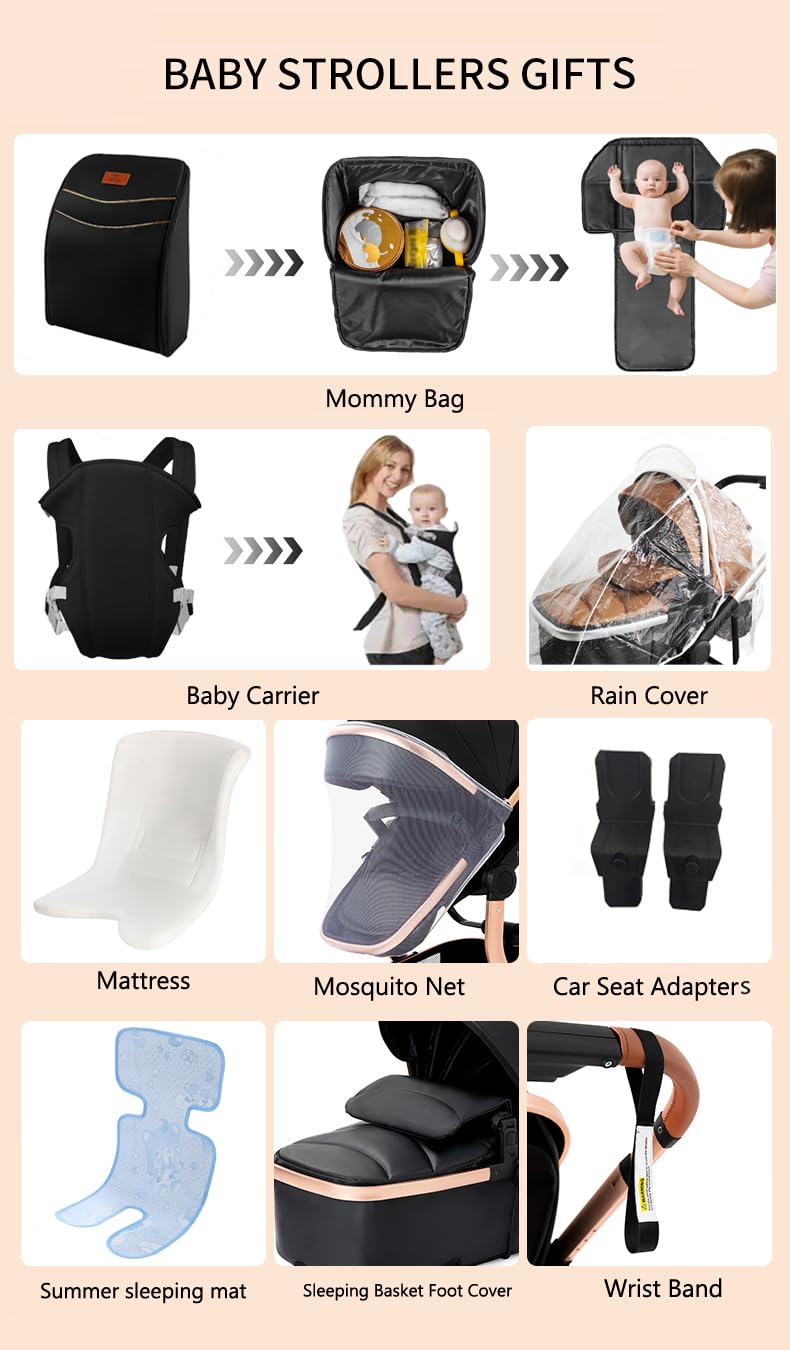 Reenborn Pelle PU Passeggino Trio, Passeggino 3 in 1 con Due Modi Reversibili Spingere, Trio Neonati con Design Pieghevole in Un Clic, Telaio Alluminio Paesaggistico Alto (L518 Silver Blue)