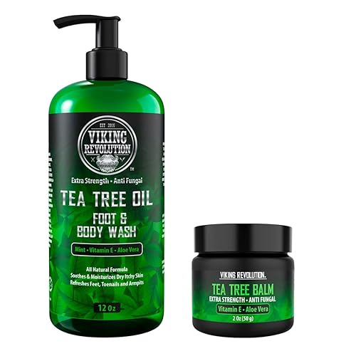 Viking Revolution Kit de árbol de té para hombres Juego de aceite de árbol de té con gel de baño y bálsamo Hidratante, ayuda al pie de atleta,