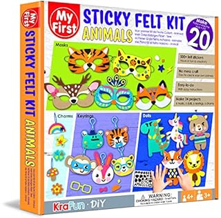 KRAFUN Beginner My First Sticky Felt Kit Animal for Kids Art & Craft, Includes 20 Easy Projects for Party Masks, Dolls, Keyrings and Charms, Instruction & Felt Materials for Learning DIY Skills