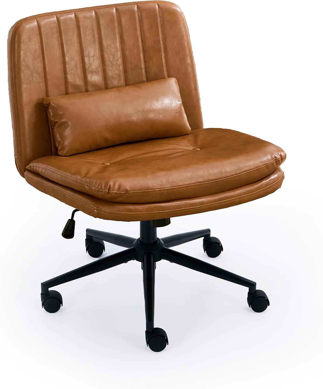 TUNYI Criss Cross Chair with Wheels Armless Wide Cross Legged Office Chair Swivel Height Adjustable Computer Task Vanity Chair with Pillow for Home Office, Dressing Room (Brown)