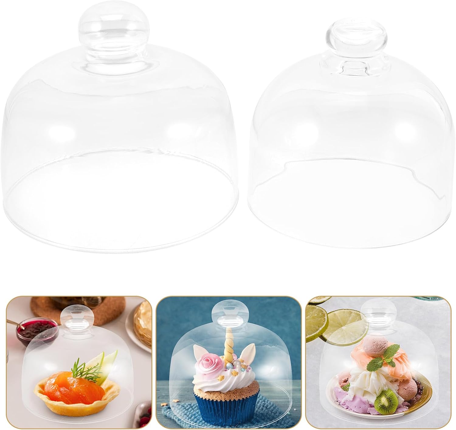 2pcs Clear Glass Cake Dome with Knob Handle Food Preservation Cover for Cake Stand and Dessert Tray Thick Transparent Dustproof Cover Easy to Clean for Parties and Kitchen Display
