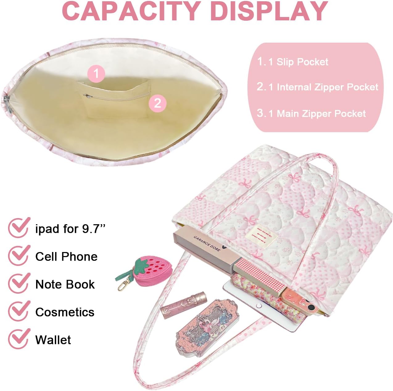Small Floral Quilted Tote Bag with Zipper Closure for Women Girls