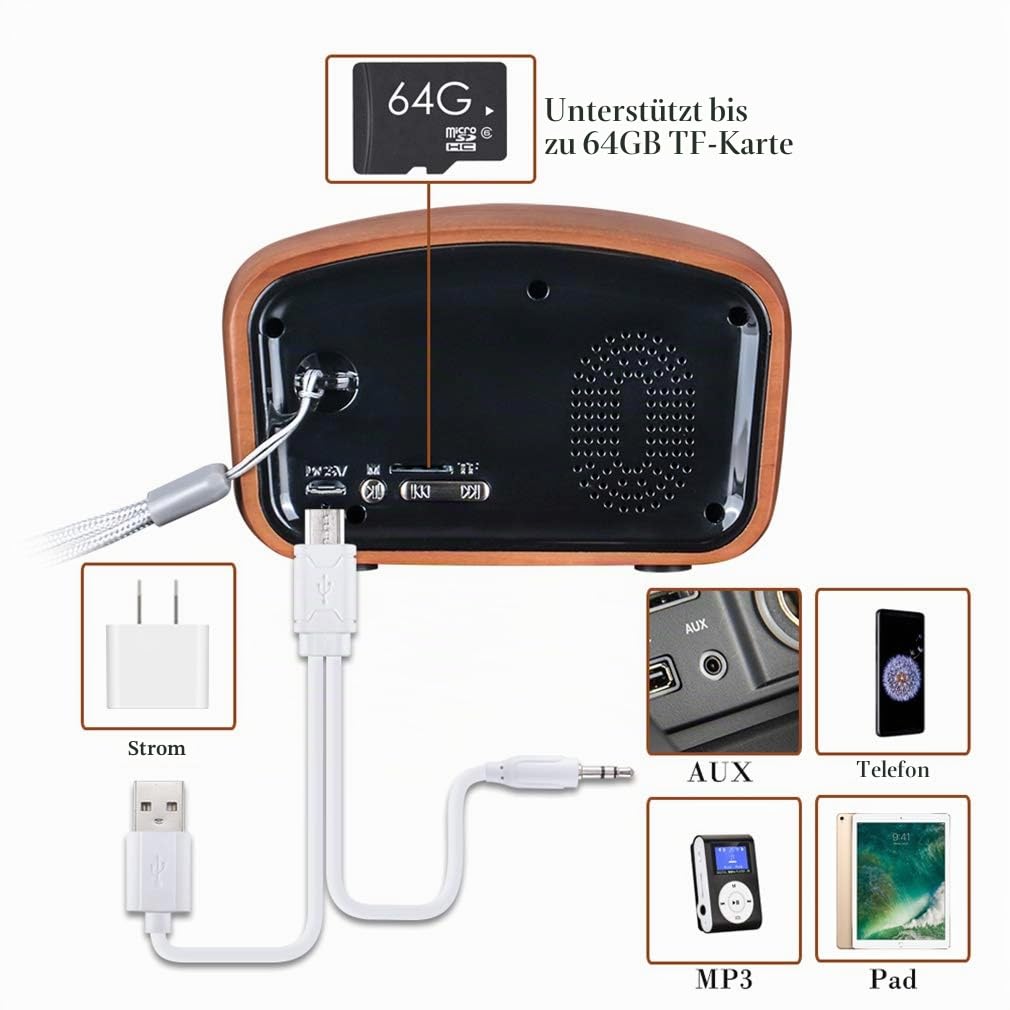 Qoosea Tragbares Radio, Bluetooth-Lautsprecher, handgefertigt, Retro, aus Holz, Bluetooth 4.2, Mini-Lautsprecher mit Subwoofer, Super Bass, mit FM-Radio, Audio-Eingang