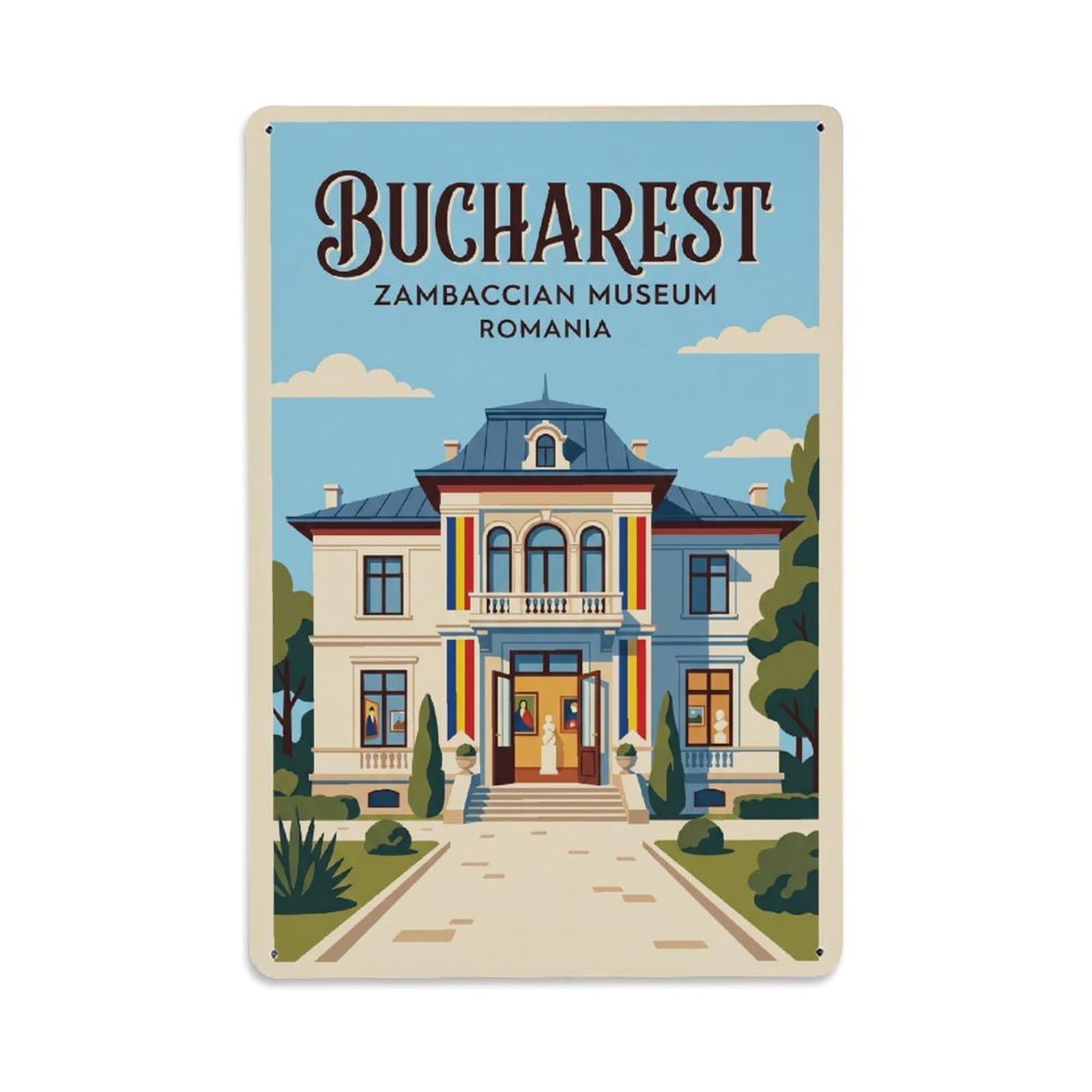 Vintage Travel Bucharest Zambaccian Museum Clean Romania Metal Tin Sign Plaque Wall Decor for Cafe, Club Bar, Office, Home Garden Metal Poster 8x12Inch