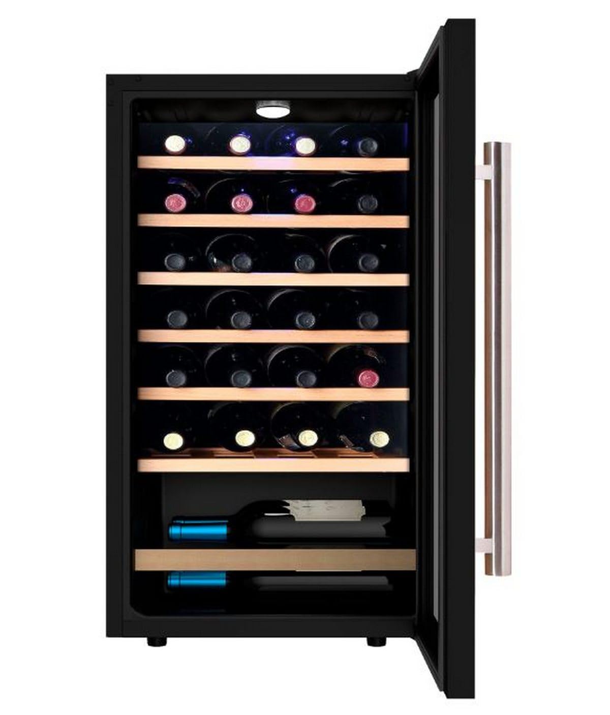 INFINITON Vinoteca WFL-34C, 34 Botellas, Luz LED en el interior, Sistema de enfriamiento No frost, Acabado exterior Crystal BLACK, Tirador exterior de acero inoxidable, G