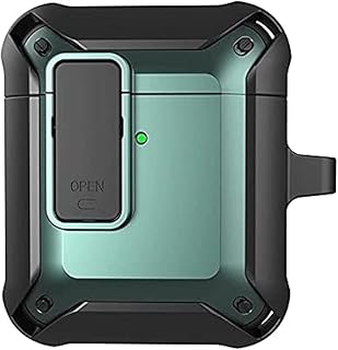 جراب حماية متين مضاد للصدمات بتغطية كاملة ومؤشر LED متوافق مع الشحن اللاسلكي ومزود بحلقة مفاتيح، متوافق مع سماعات ايربودز 2 و1 من انتونيا، أخضر/أسود 43، من المعز