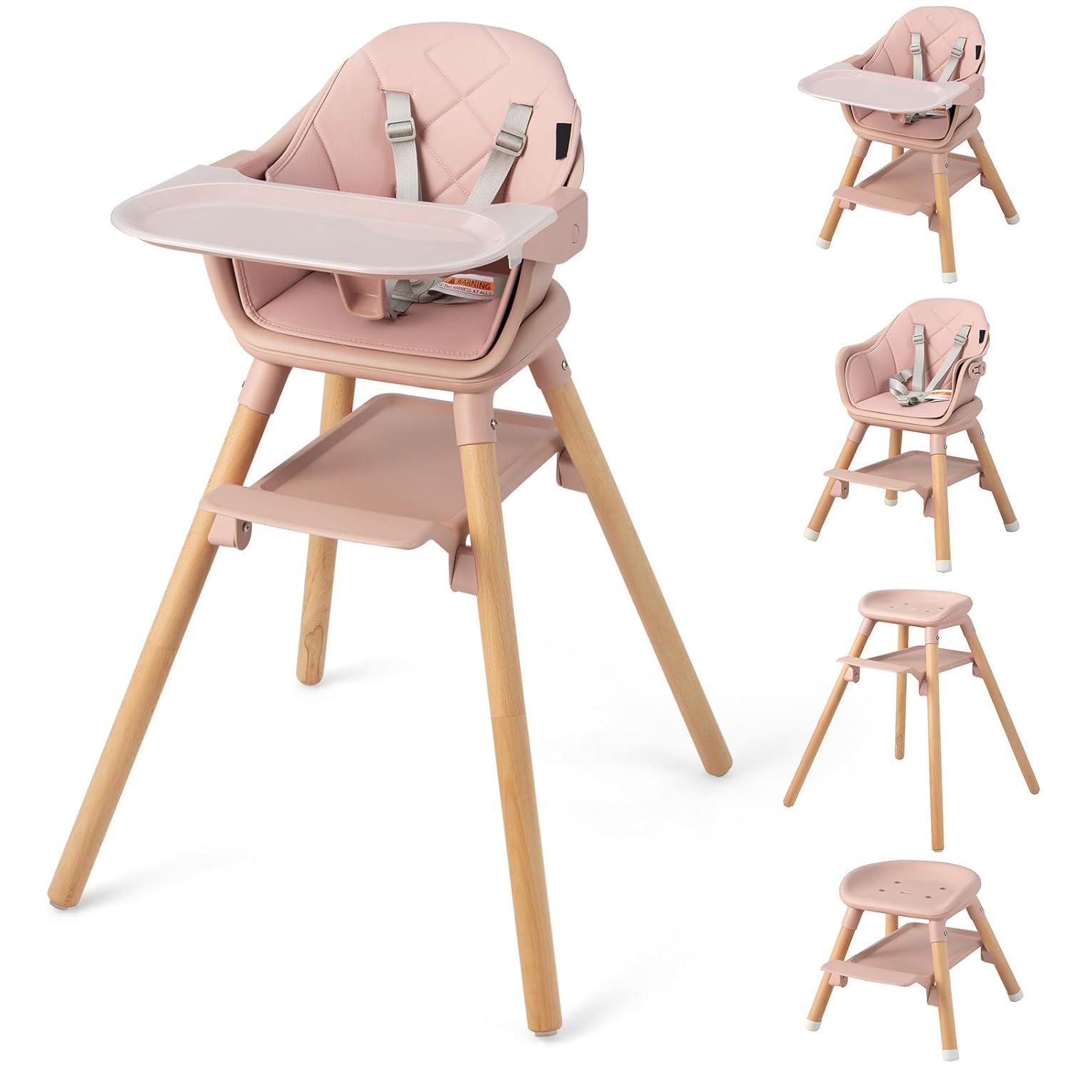 GLACER Baby High Chair, 6 in 1 Convertible Wooden Highchairs for Babies and Toddlers with Foot Rest, Removable Double Tray, Easy to Clean PU Seat Cushion, Safety Harness and Solid Wood Legs (Pink)