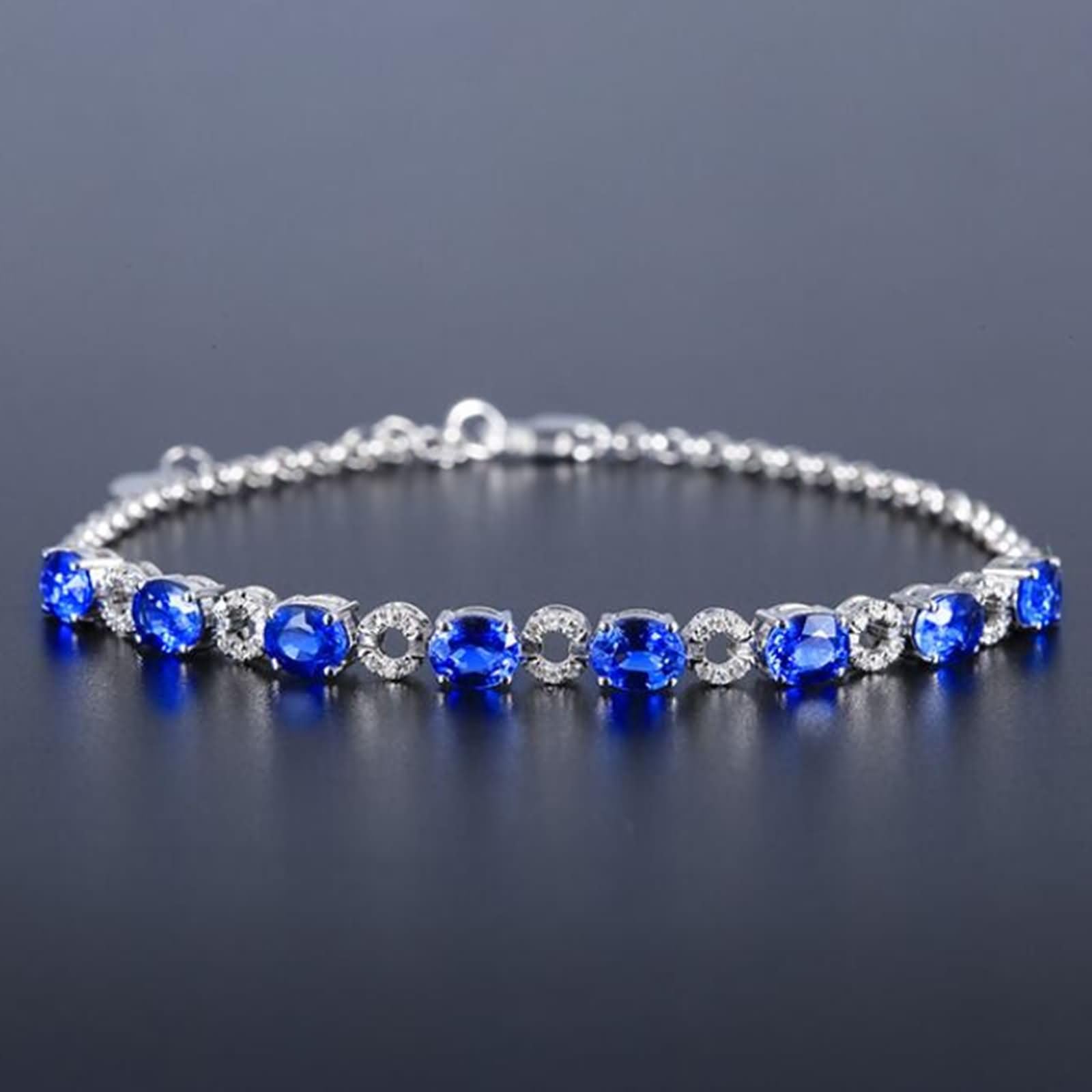 Bracciale Donna Oro Bianco 9 Kt / 14 Kt / 18 Kt 750, Ovale e Cavo con Zaffiro Creato da 3,62 ct e Moissanite, Regolabile 16 CM + 5 CM, Bracciali Catena Blu Argento Donna