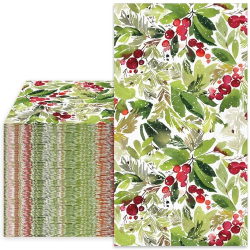Christmas Guest Napkins Watercolor Mistletoe 3 Ply Disposable Paper Napkins Xmas Winter Berry Dinner Hand Towel Napkins for Party Table Decor, 80Pcs
