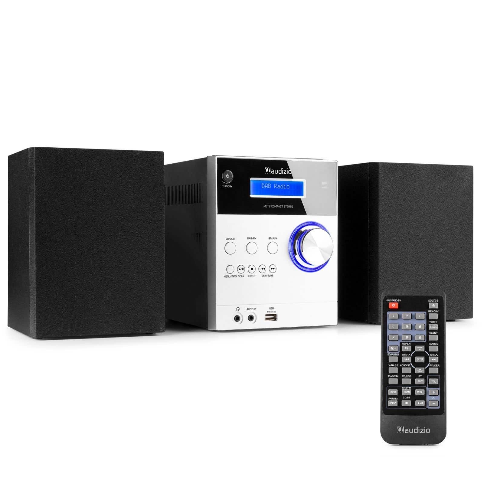 Audizio Metz - Radio Système HiFi Dab+ et Lecteur CD avec Bluetooth - Aluminium, Écran LCD, Lecteur MP3, Radio FM, Télécommande Incluse, Idéale pour Écouter Vos Stations et Musiques Préférées