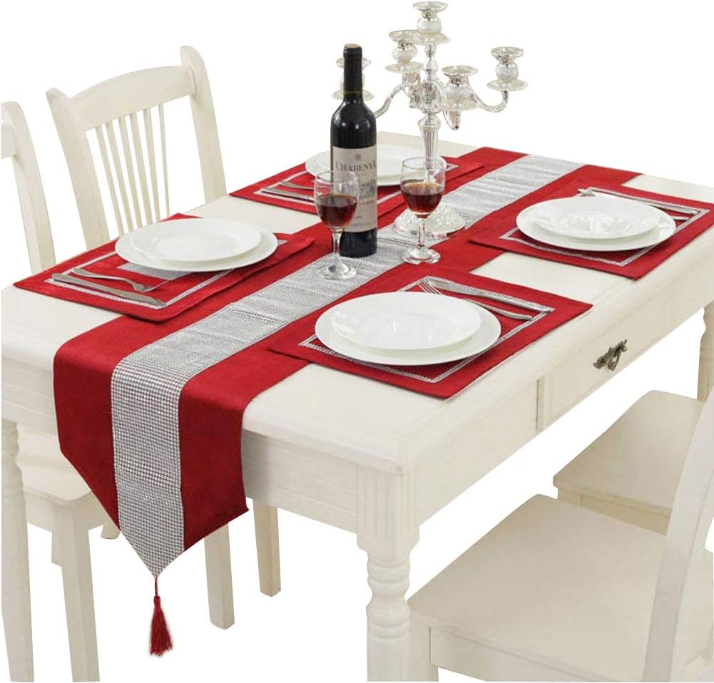 Hangnuo 13 * 83inch Table Runner and 4 Set Placemats with Sequined Rhinestone, Elegant Table Decoration for Wedding Thanksgiving Christmas, Red