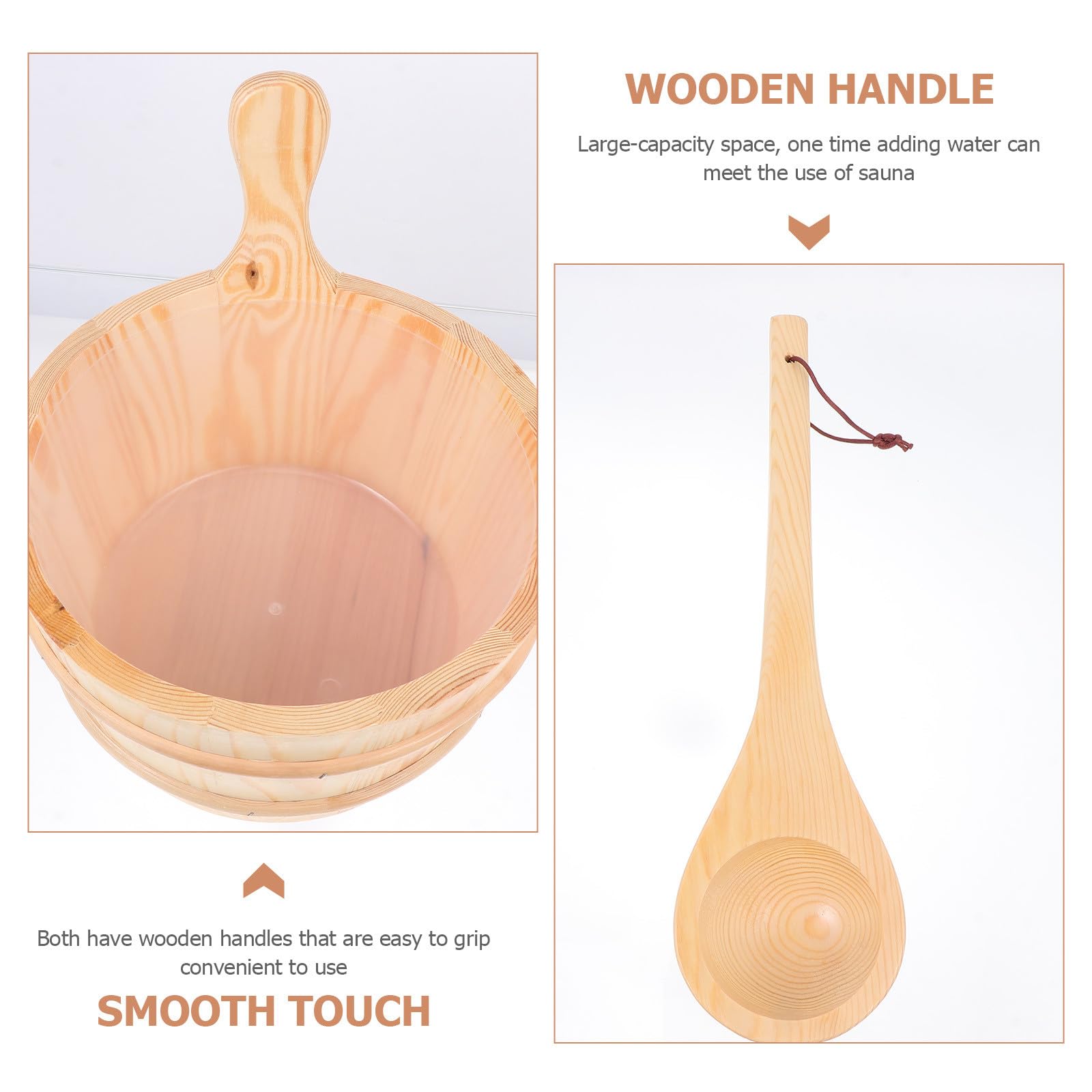 NUOBESTY Praktisches Holzfass und Fasslöffel Satz für Sauna mit Handpolierter Oberfläche und Leicht zu Greifendem Design für Saunazubehör