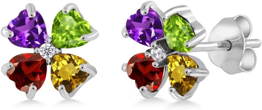 Gem Stone King Customized and Personalized 4 Gemstone Birthstone Earrings For Women | 925 Sterling Silver | 4MM Heart Shape | Fine Jewelry Gifts for Women Mom Wife Her