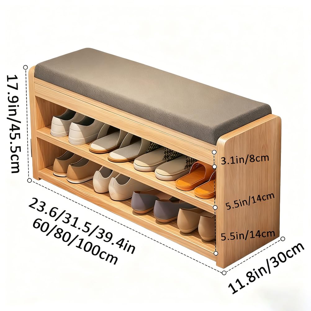 Bancos para Zapatos En La Entrada Estantes para Zapatos En El Pasillo con Cojín Taburetes De Dos Niveles con Espacio Bancos para Zapatos De Madera Maciza para El Salón,Natural,100×30×45.5cm