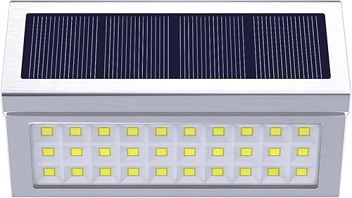 Miniatura 8 de ROSHWEY Paquete de 10 luces solares para exteriores 30 luces LED solares de valla impermeables lámparas solares de acero inoxidable luces exteriores