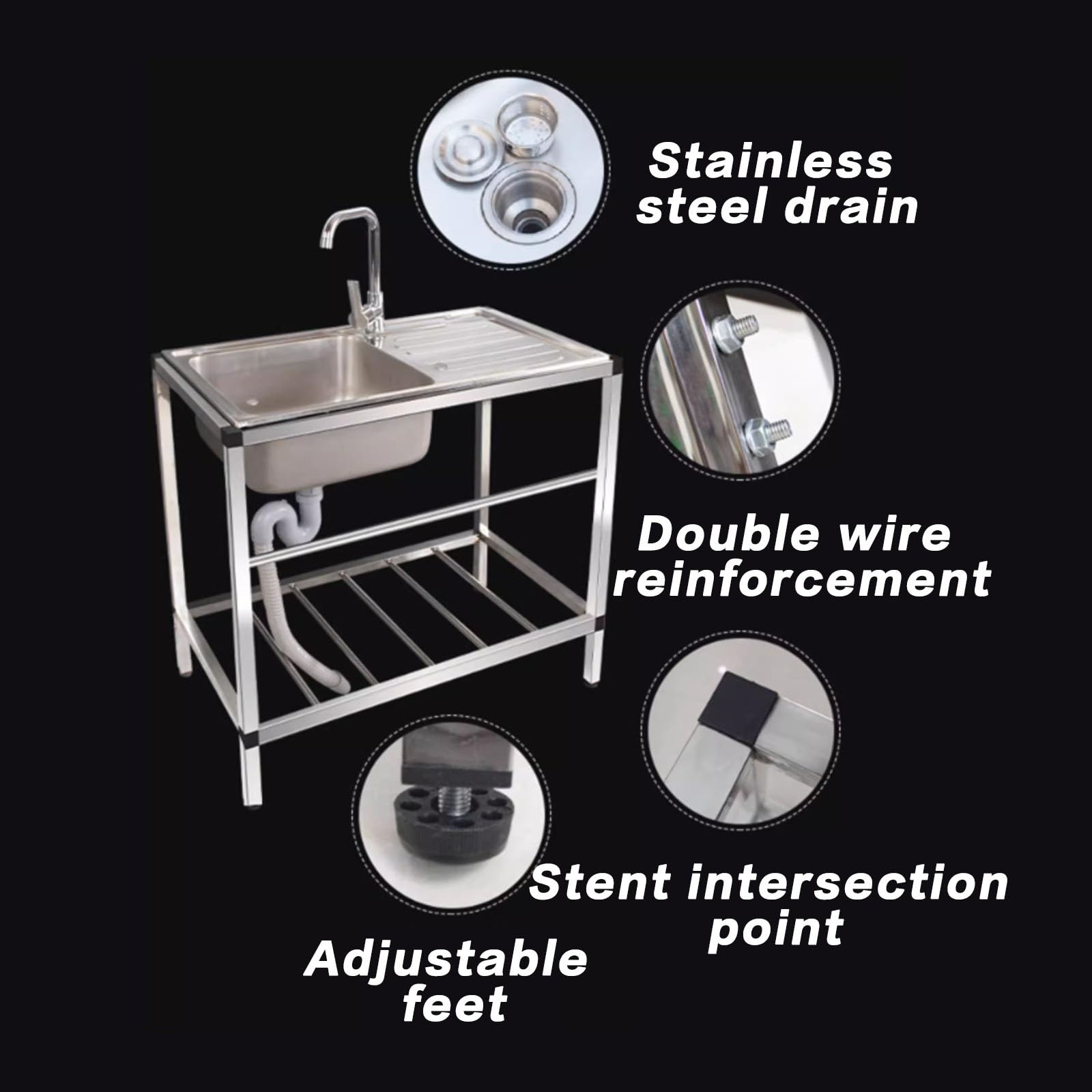 Fregadero De Cocina Comercial Individual de Acero Inoxidable Con Banco De Trabajo Para Interior y Exterior - Preparación y Limpieza Fácil