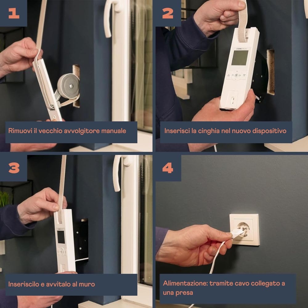 HOMEPILOT avvolgitore elettrico RolloTron premium power per tapparelle fino 60 kg (circa 10 m²), per cinghia da 23 mm, Programma giornaliero/settimanale/astro, funzione casuale, Made in Germany