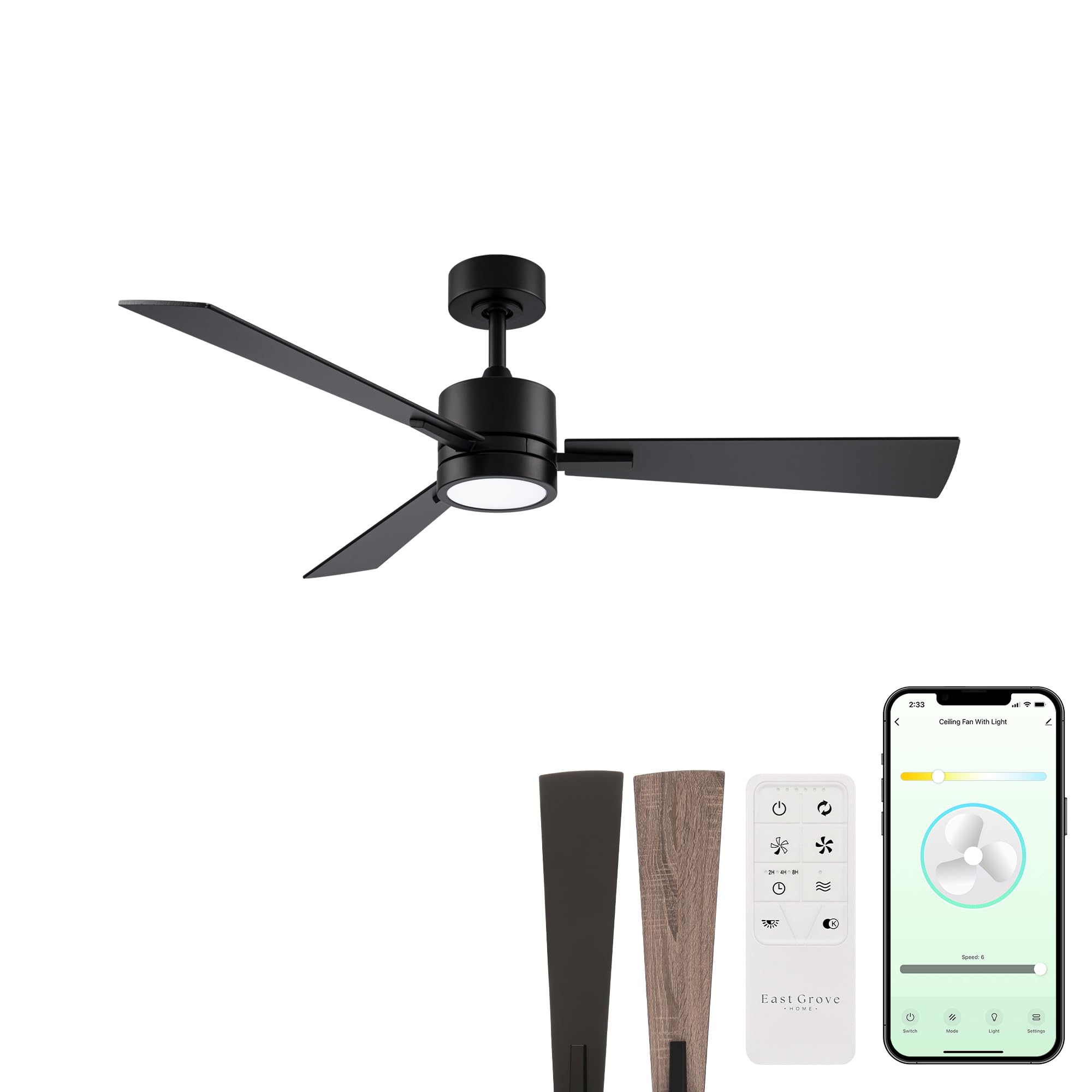 bali smart 3-blade 42in ceiling fan 2700k-6000k cct selectable led light kit with remote control and black hardware with reversible blades in weathered wood or black works with ios or android app