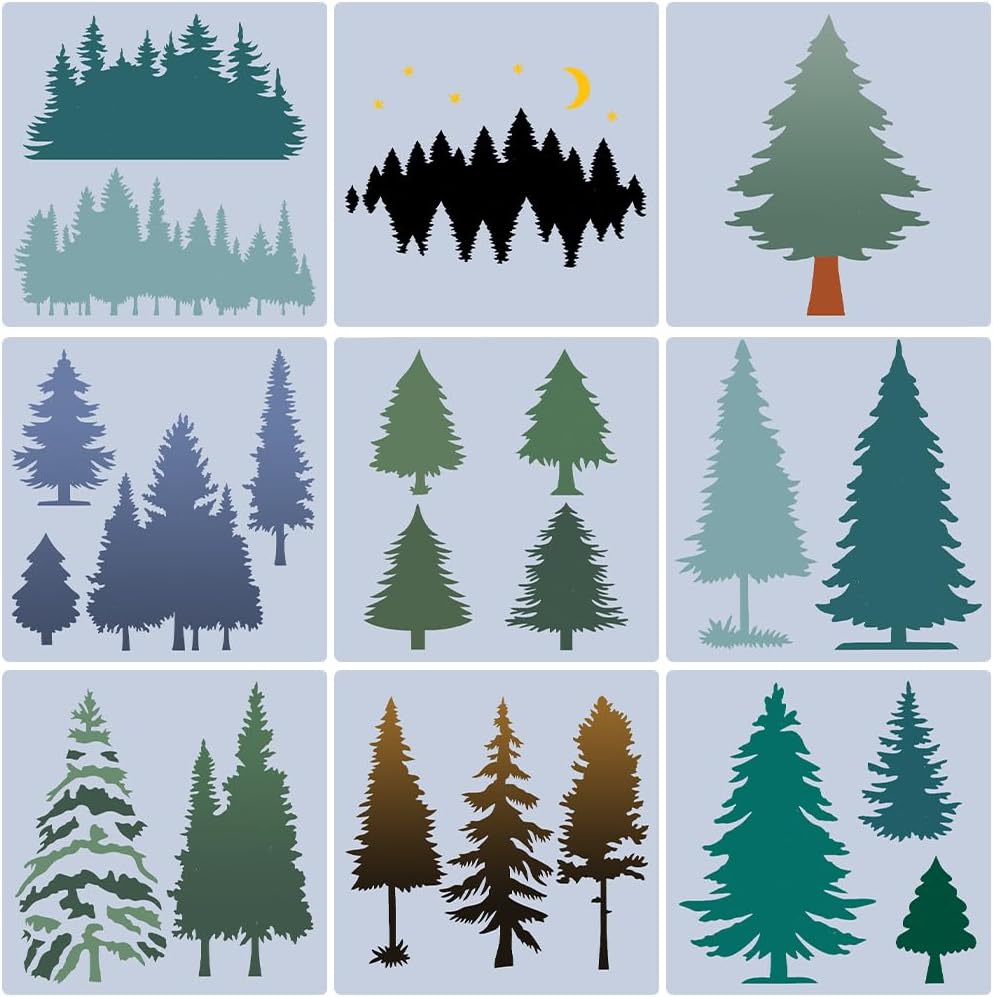GORGECRAFT 9Pcs Christmas Tree Plastic Stencil Pine Drawing Template Winter Holiday Fir Trees Woodland Painting Templates for DIY Art Crafts Furniture Canvas Wood Home Decoration 7.8x7.83inch