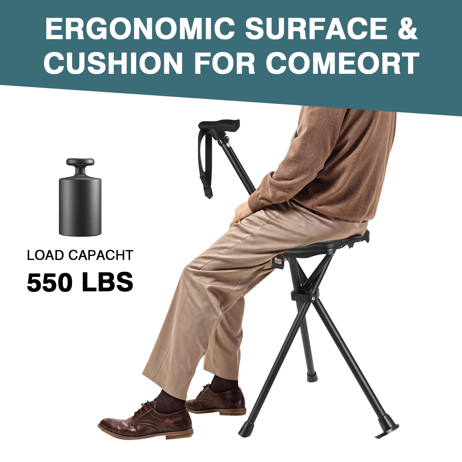 Bastón con asiento, 95-104 cm, plegable, bastón portátil, plegable, con bolsa de transporte, capacidad de carga de hasta 250 kg, bastón con asiento, bastón de senderismo plegable con asiento para