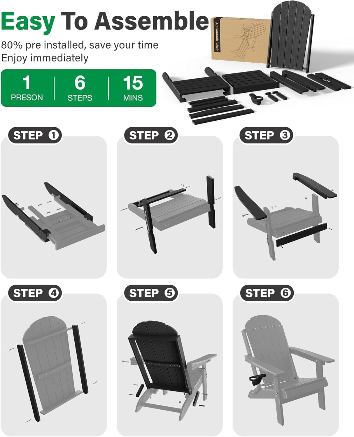 MXIMU Adirondack Stuhl Klappbar für Garten: Adirondack Chair Kunststoff mit Fußstütze & 3-Fach Verstellbarer Rückenlehne - Wetterfest HDPE Outdoor Stuhl für Balkon/Terrasse/Pool/Beach(Schwarz)