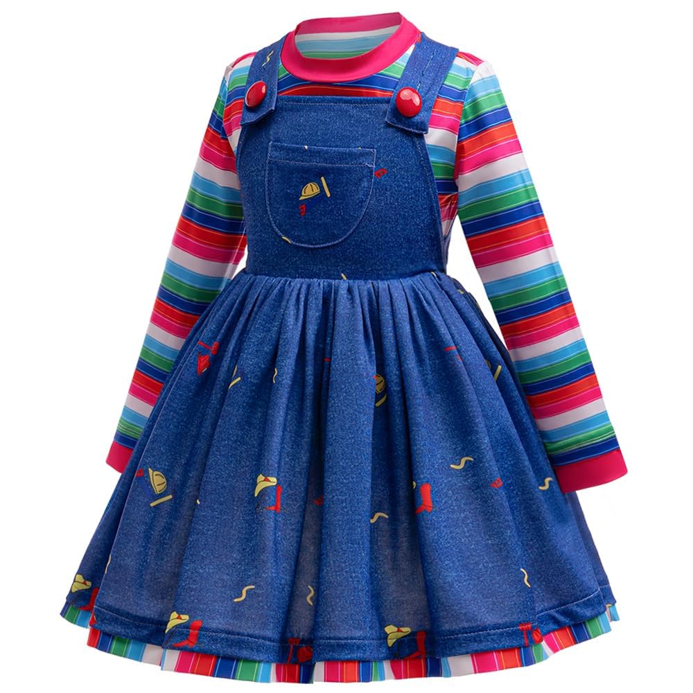 Dziewczyny Halloween Kostium Lalka Sukienka Niebieska Dżinsowa Koszula Tęczowe Paski Dzieci Horror Cosplay Zabójca Play Movie Outfit