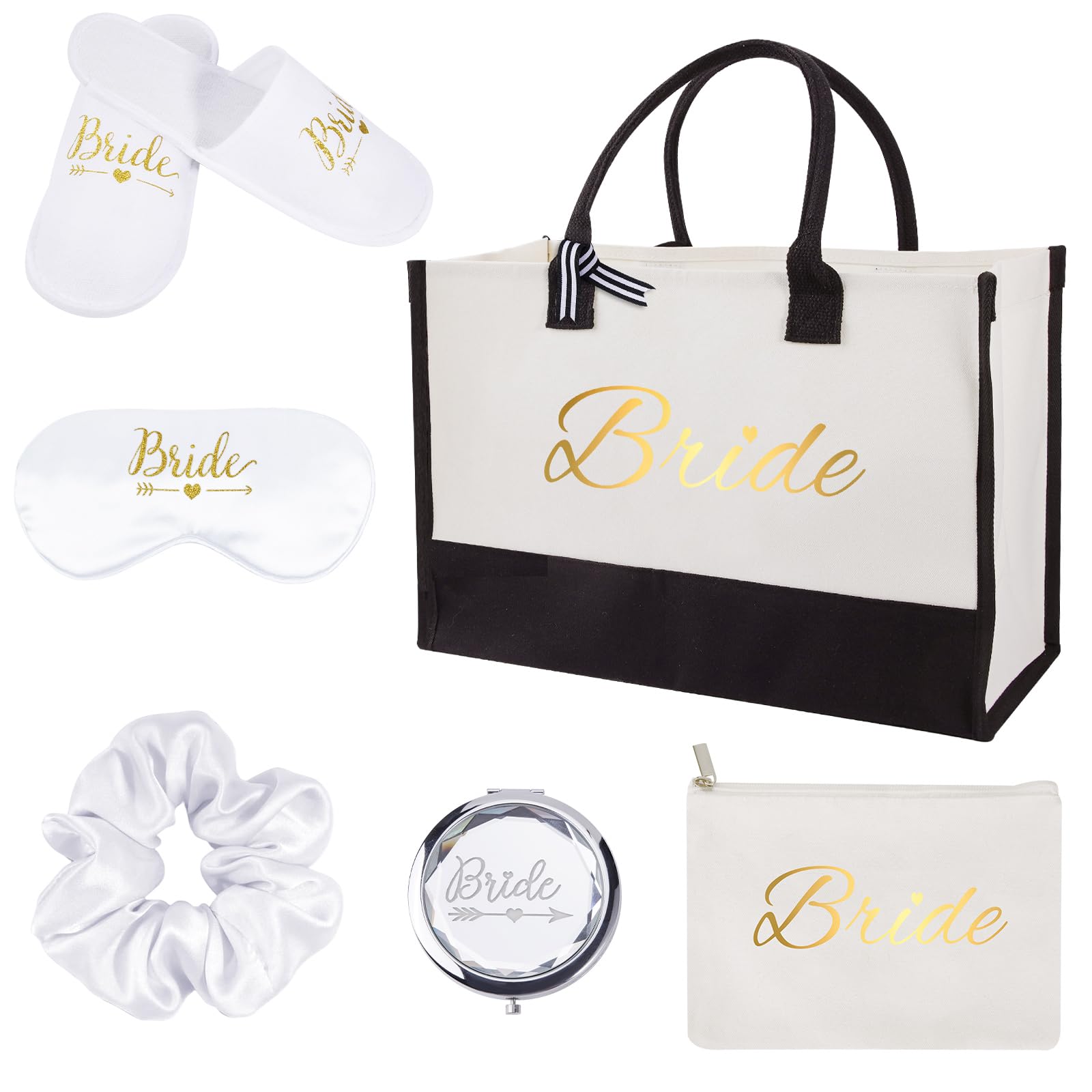 6 Pack Bride to Be Gifts Include Large Bride Tote Bag Slippers Hair Scrunchie Makeup Mirror Silk Sleep Eye Mask Makeup Bag