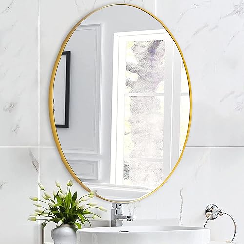 Miniatura 1 de Espejo ovalado de pared, espejo de baño de marco de acero inoxidable, montado en la pared, 22 x 30 pulgadas, espejo ovalado negro para tocador, sala