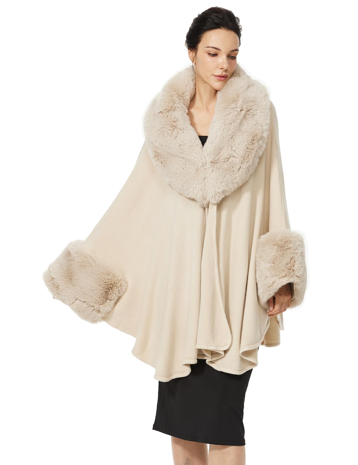 Women Cape Poncho with Fur Trim Winter Faux Fur Shawl Wrap Coat Sleeveless Cardigan Cloak-image-36