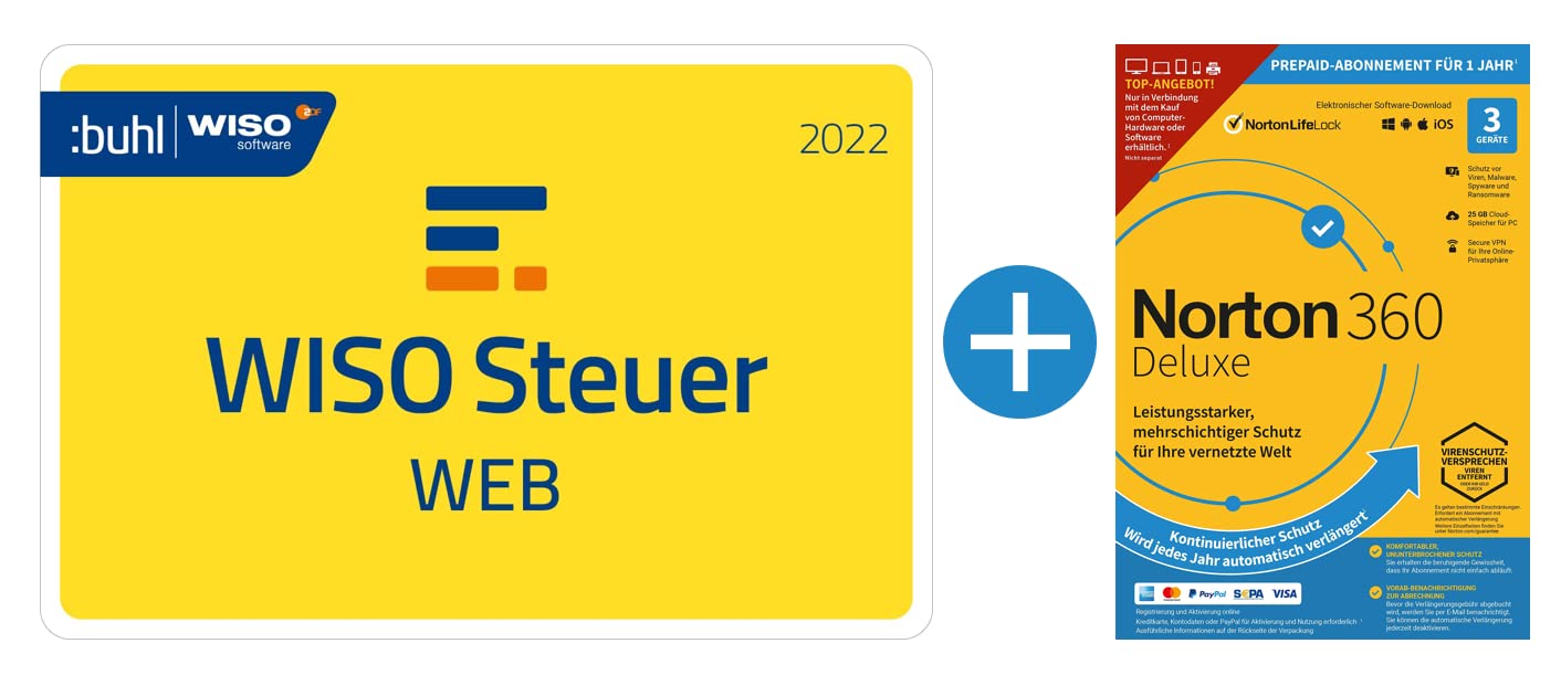 WISO Steuer-Web 2022 PC (für Steuerjahr 2021) + Norton 360 2022 Deluxe (3 Geräte) | PC Aktivierungscode per Email