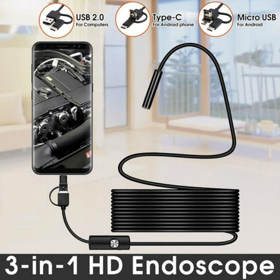 3 in 1 Endoskop Yılan Kamera, USB, Micro USB ve Type-C, 5M Sert Kablo