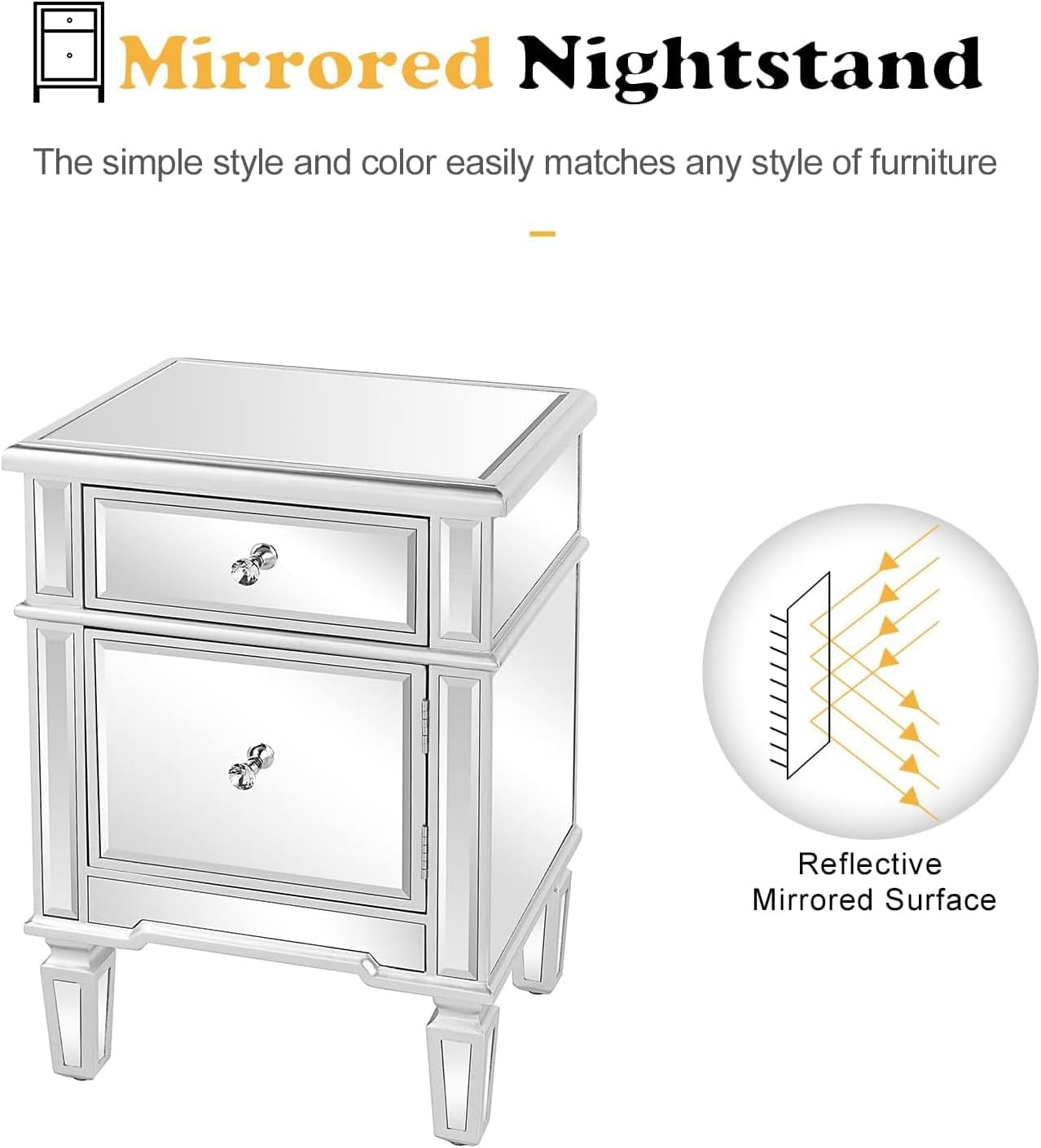 VINGLI Modern Nightstand Mirrored Bedside Table with 1 Drawer and 1 Cabinet Door for Bedroom, Silver