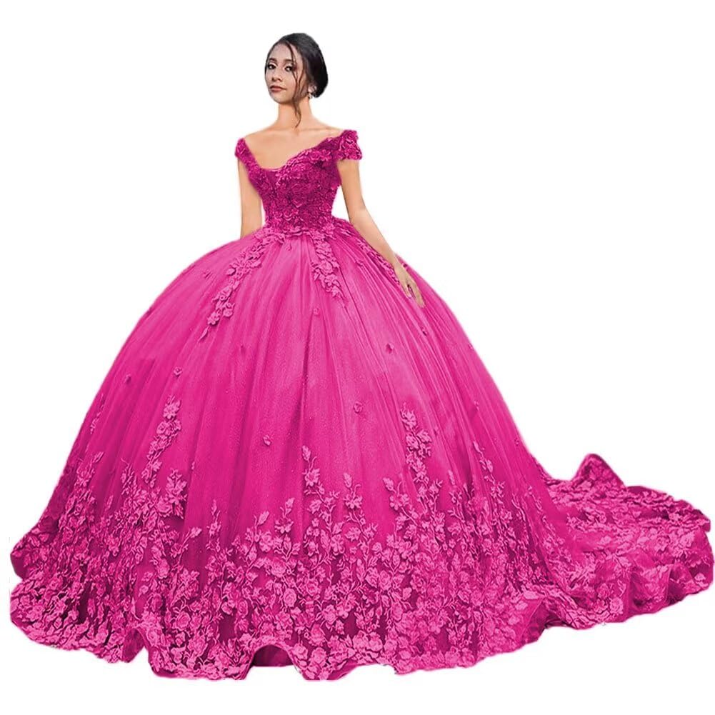 Mouccy Gorgeous Lace Beaded Quinceanera Dresses Puffy Off Shoulder Sweet 16 Dress with Train 3D Floral Prom Dress Ball Gown