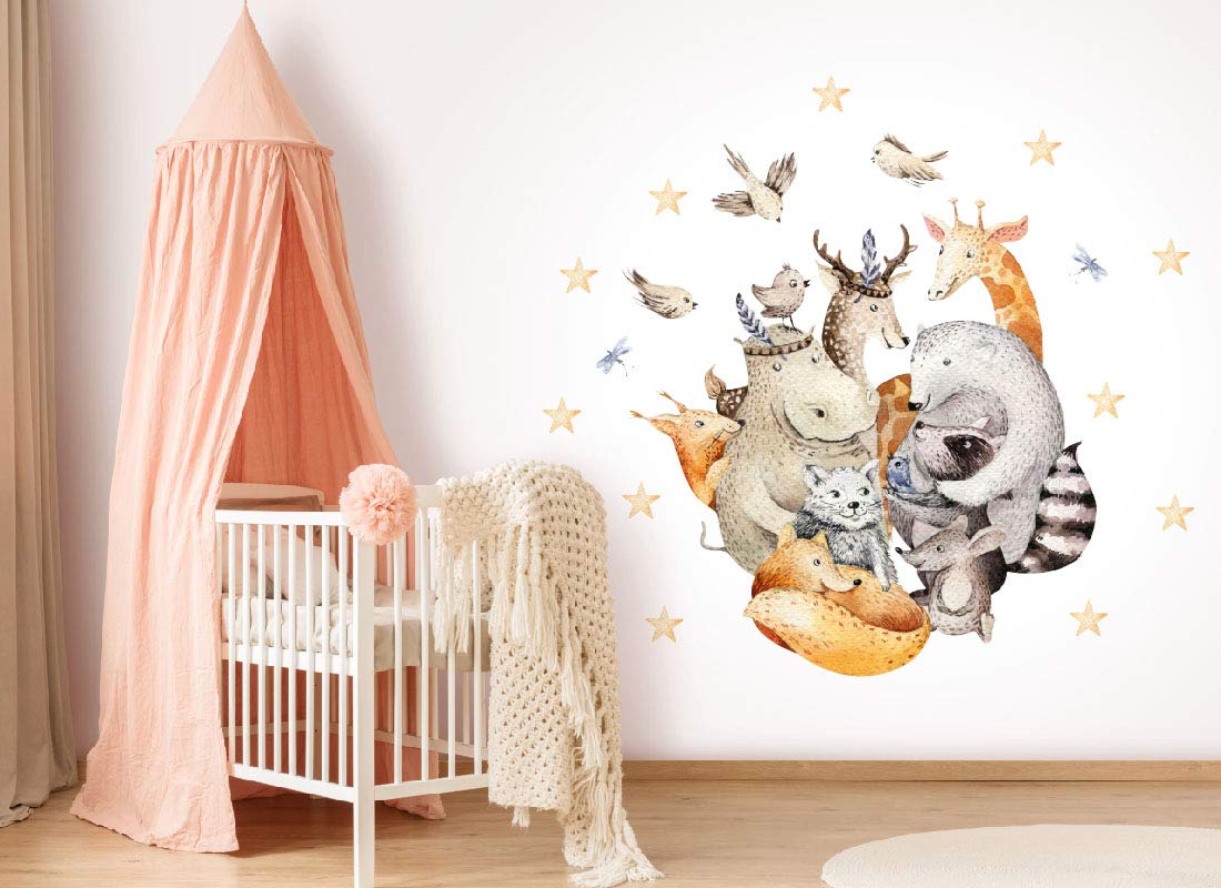 Adesivo da parete con animali della foresta, giraffa, volpe, orso, uccelli, stelle, immagine per bambini, per la cameretta dei bambini, os8861 (165 x 150 cm)