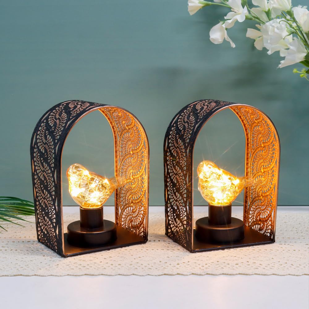 JHY DESIGN Set of 2 Bird Battery Operated Table Lamp Unique Cordless Sconces Lantern Metal Cage Wall Mount Lights with 6-Hour Timer for Home Living Room Bedroom Kitchen Hallway Stairway