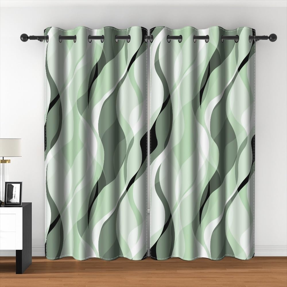 Modern Abstract Striped Window Curtains Retro Geometric Abstract Ombre Grey and Green Striped Darkening Blackout Curtains for Living Room Bedroom