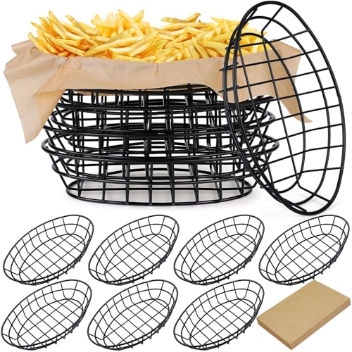 Hushee 12 Pcs Wire Bread Basket Black 11.8 x 7.9 x 2.2 Large Oval Metal Dinner Roll Baskets Bulk for Serving Fruit Bowl Storage with 50 Sheet Deli Wrapper Paper for Restaurant Kitchen Table Fast Food