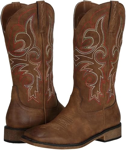 Miniatura 3 de J's.o.l.e Botas vaqueras de punta cuadrada para mujer, de media pantorrilla, con tacón grueso, bordado retro, botas occidentales