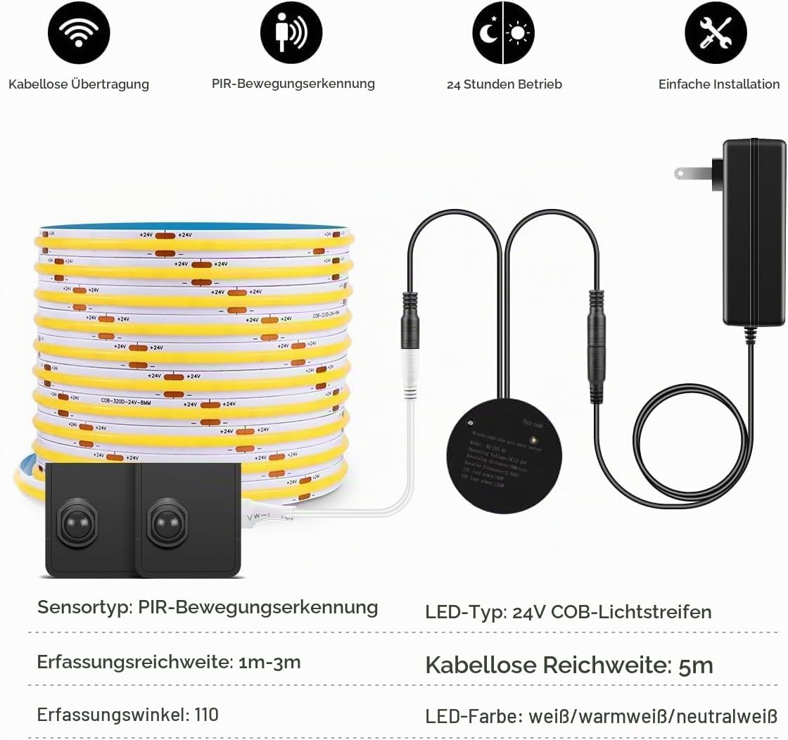 LED Strip mit 2 Bewegungsmelder 10M, 24V 320 LEDs/M mit Stecker LED Streifen mit Netzteil Selbstklebend 3000K Warmweiß Bewegungsaktivierte Licht für Schränke Treppen Flur Schlafzimmer Party,3000k,10M