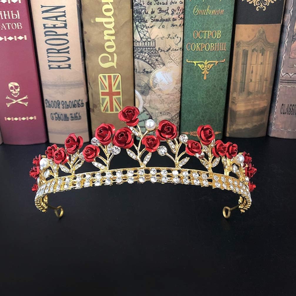FRCOLOR Red Rose Tiaras for Women Valentine's Day Wedding Bridal Elegant Princess Crown Crystal Rhinestone Tiara Headband Prom Tea Party Fairy Headpiece - Image 3